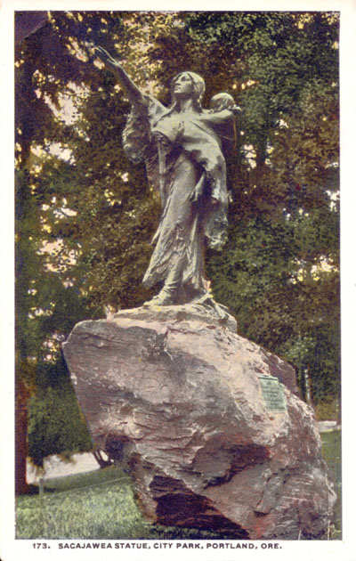 An old postcard image of the statue of Sacagawea and her infant son Jean-Baptiste "Pomp" Charbonneau, in a Portland park.