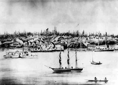 The steamboat Enterprise, steams along the quiet waters of Steilacoom, sharing space with various sailboats, canoes and two and three-mast schooners.