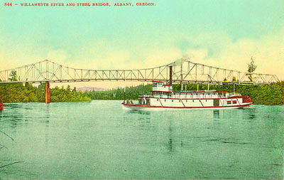 An unnamed sternwheeler makes its way through the swift currents of the Willamette River at Albany.